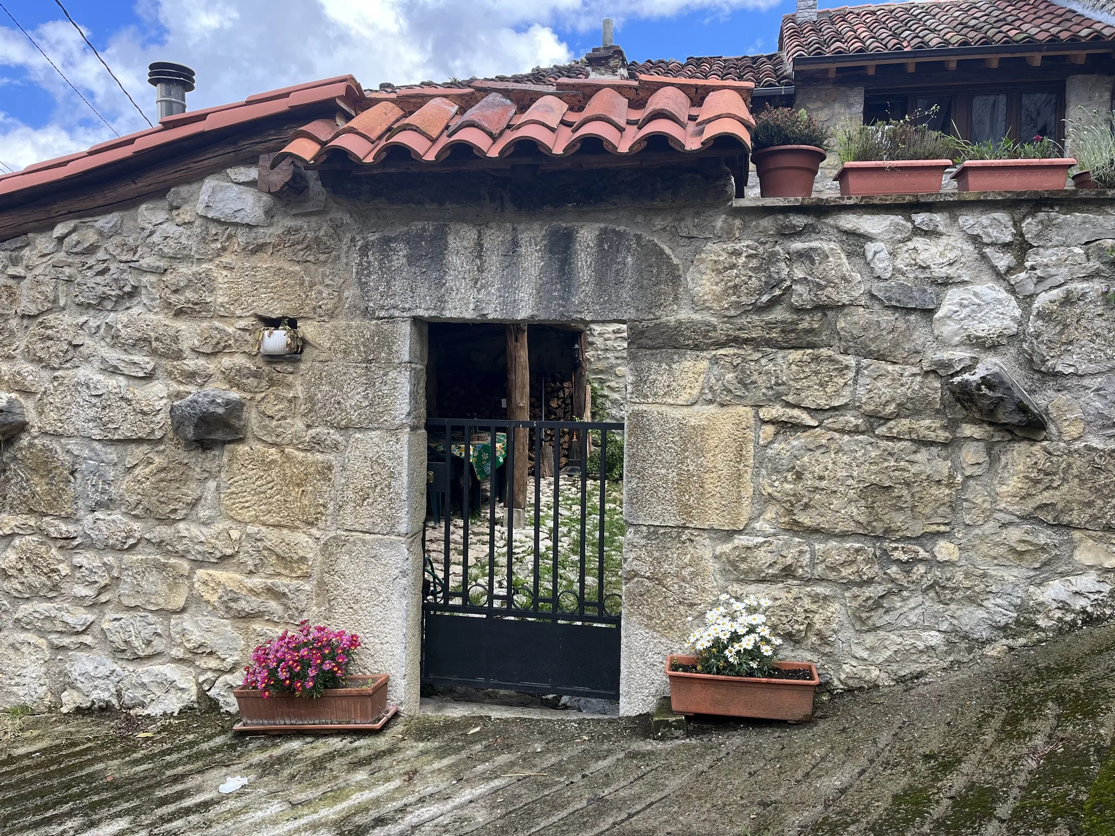 Portal de la casa con macetas y piedra tradicional